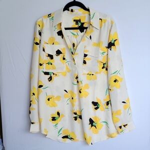 Ann Taylor Blush Floral Blouse Black Yellow Size L